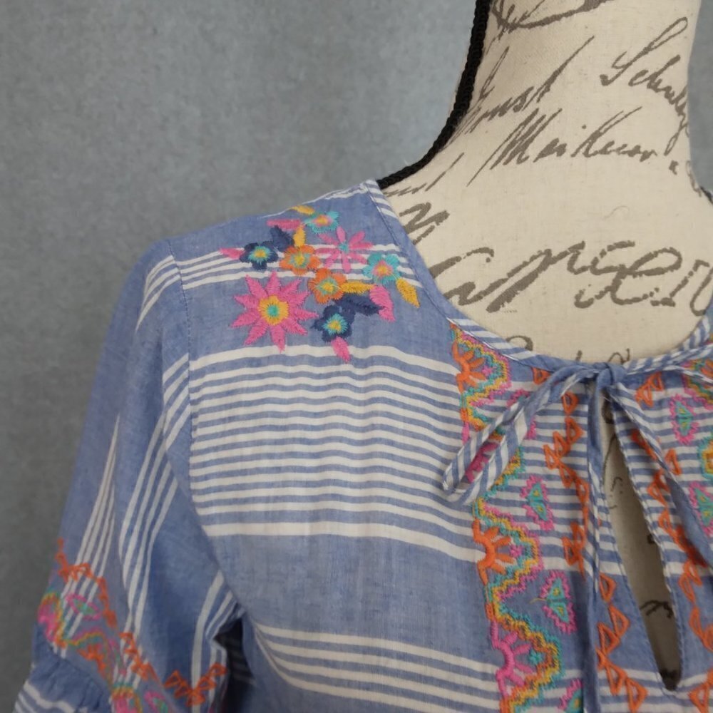 THML | Embroidered Striped Boho Cotton Top Blue White | Size M - Picture 5 of 10